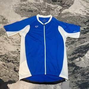 Fox Air Cooled Cycling Short Sleeve Blue White Full Zip Shirt Large Back Pockets